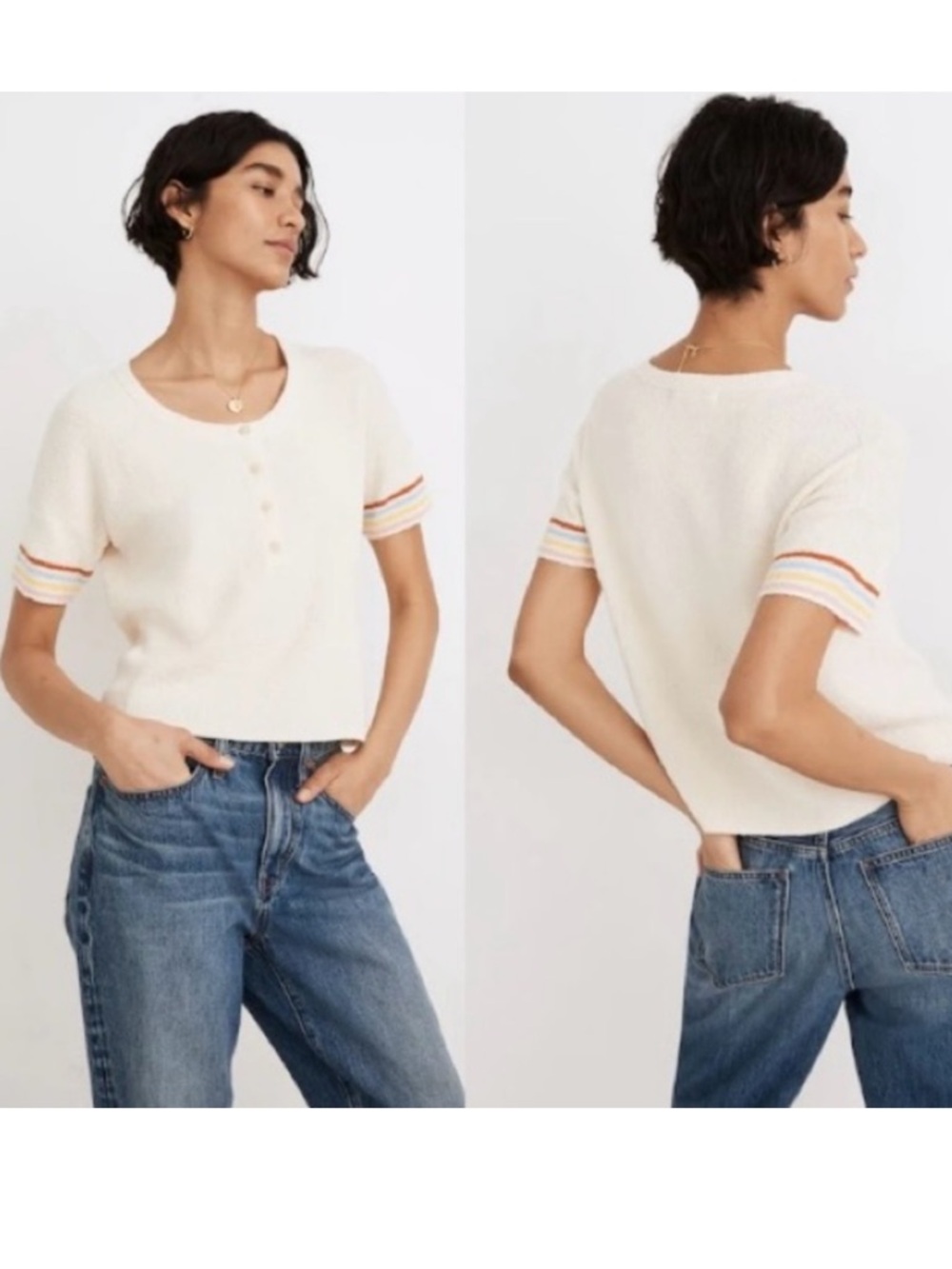 Madewell Henley Sweater Tee Rainbow Stripe Vintage Parchment Size Medium